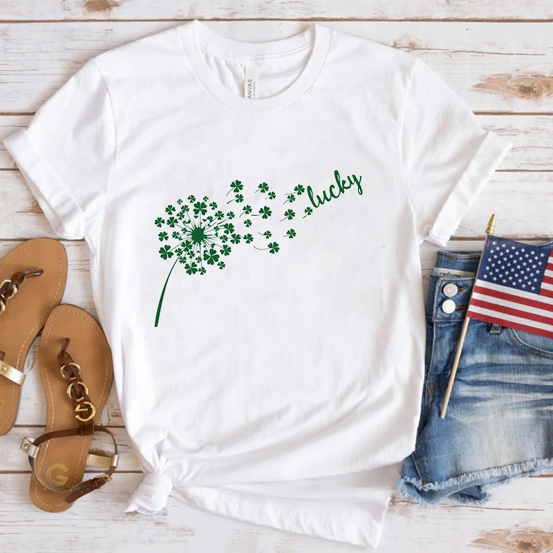 

Fashion St. Patrick'S Day Dandelion Lucky Print T-Shirt Unisex Loose Short Sleeve Round Neck Top