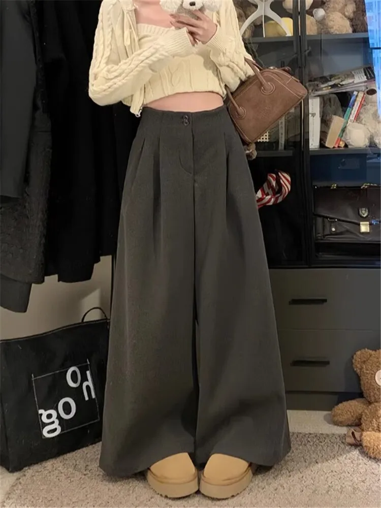 

High Waisted Woolen Wide Leg Pants For Women In Winter, With A Sense Of Drape, Loose Fitting Straight Leg Pants Thick