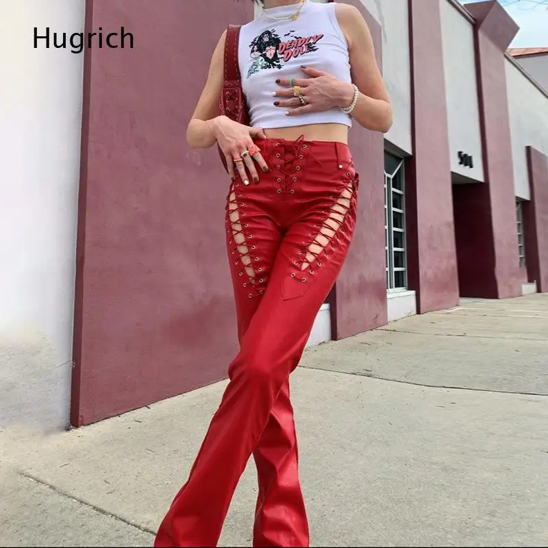 Red High Waist Side Lace Up Cutout Faux Leather Flare Pants Women Eyelet Hollow Out Punk Gothic Y2K Club Bell Bottom Trousers