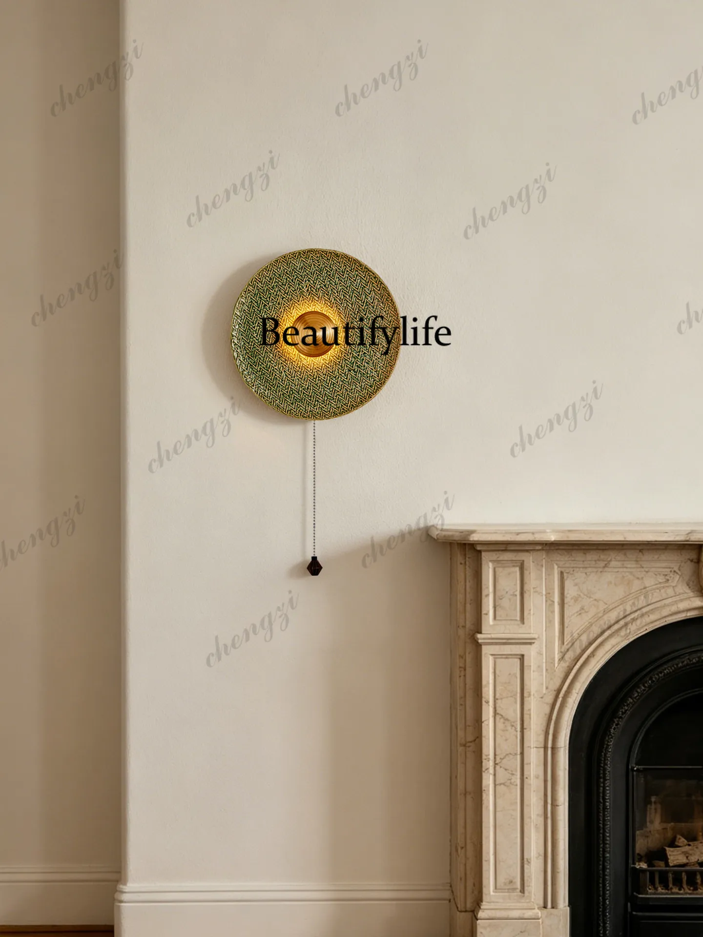 Medieval green ceramic wall lamp Original woven pattern disc wall lamp Living room background wall Bedroom