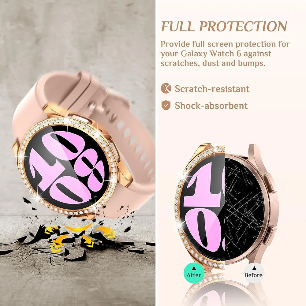 Bling Case para Samsung Galaxy Watch, Vidro Temperado, Diamond Bumper, Capa Acessórios, 6 Protetor de Tela, 40mm, 44mm, 4