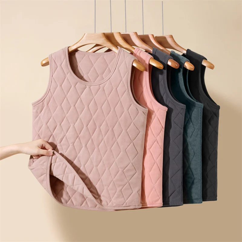 Women's Thickened Fleece Lined Cotton Vest Warmth Enhancement Soft Silk Cotton Inner Wear for Autumn Winter Windproof