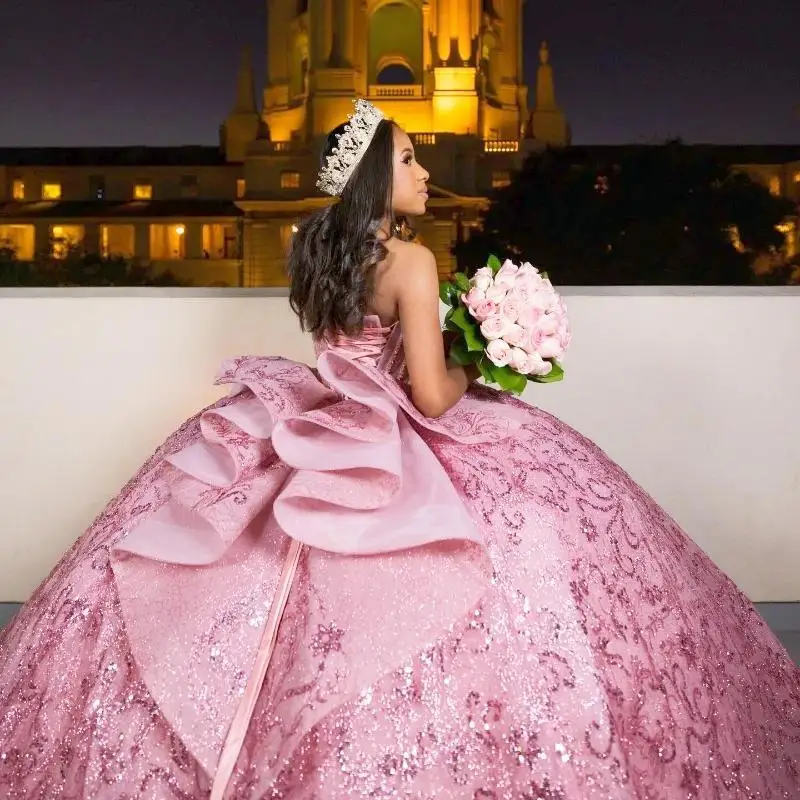 Pink Shiny Ball Gown Quinceanera Dresses Sequin Appliques Lace Beads Crysal Tull Off Shoulder Sweet 16 Years Vestidos 16 De