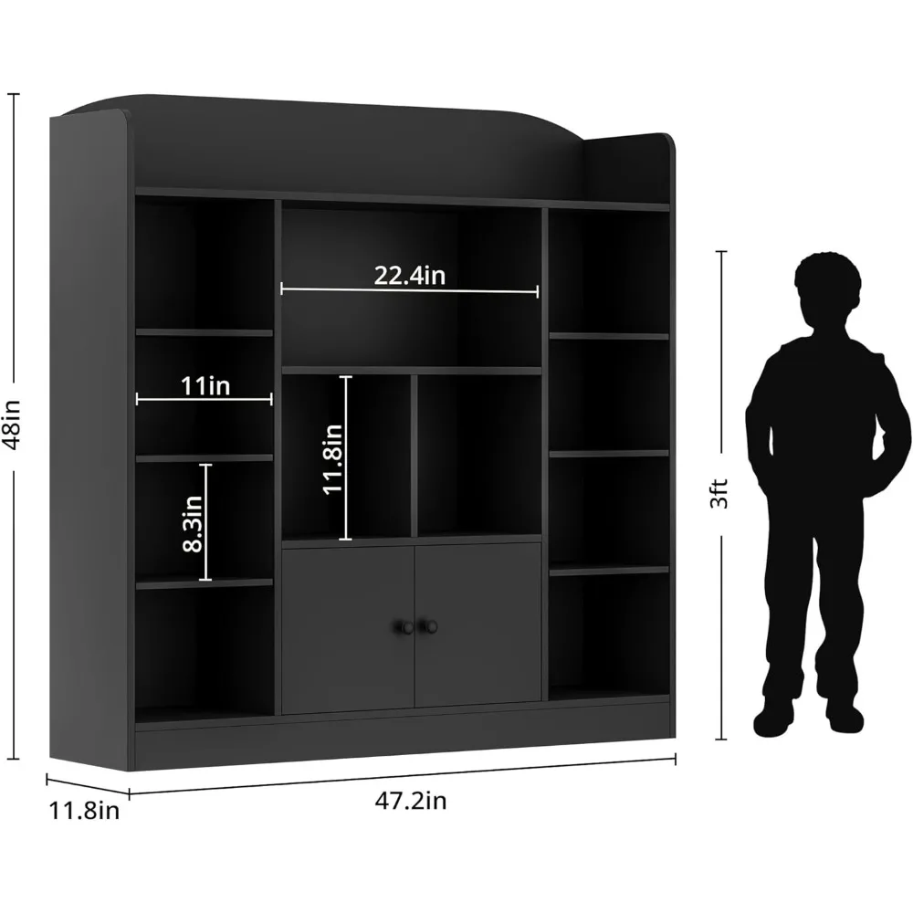 Black Kids Bookshelf, Display Bookcase with 11 Cubbies and 2 Cabinets, Freestanding Book Storage Shelves for Bedroom, Playroom,