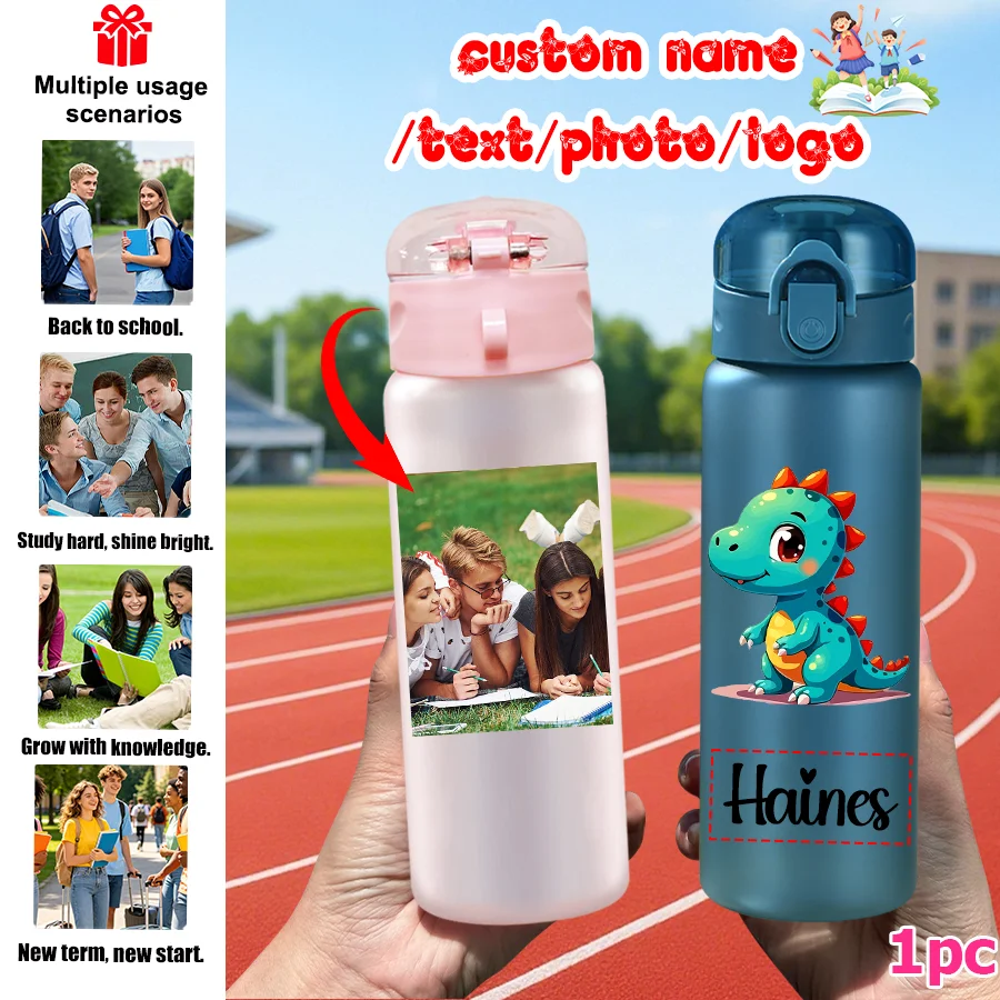 1pc Custom Back to School Cyan Dinosaur Pattern 780ml/26oz Plastic Water Bottle Outdoor Travel Sports Cup with Lanyard