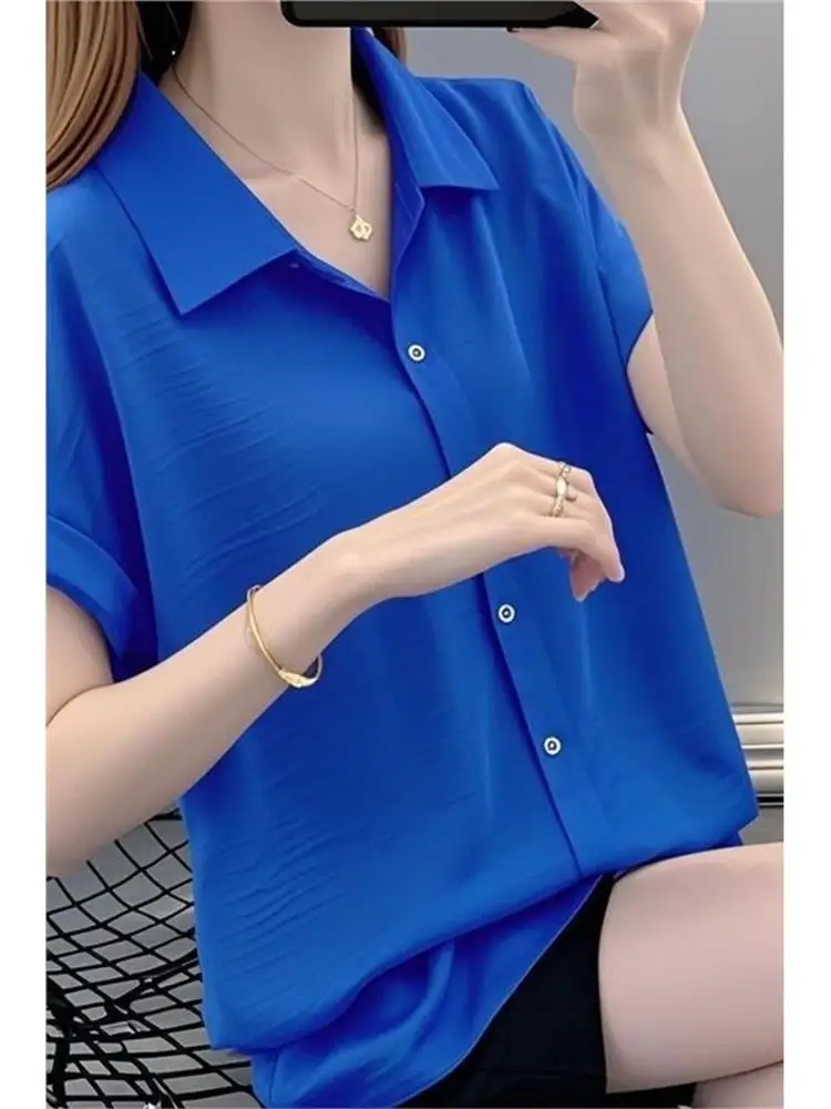 Summer 2026 New Style Loose Thin Short Sleeve Polyester Chiffon Shirt Women's Casual Fashionable Top Belly Covering Shirt