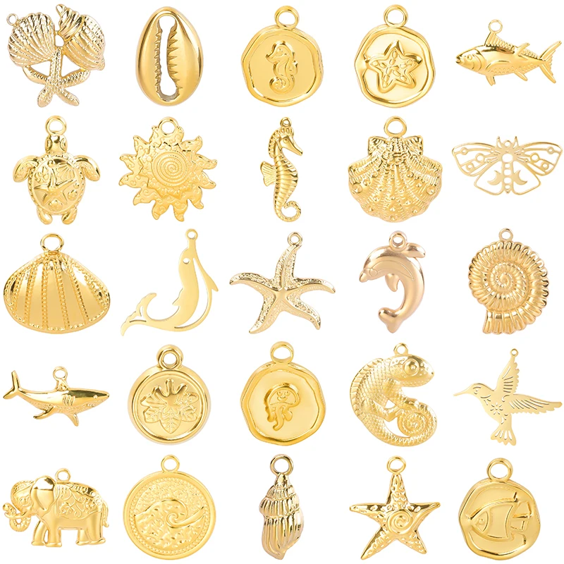 5pcs/Lot Stainless Steel Gold Color Marine Animals Shell Starfish Charms Turtle Shark Butterfly Charm Pendant For Jewelry Making image 2