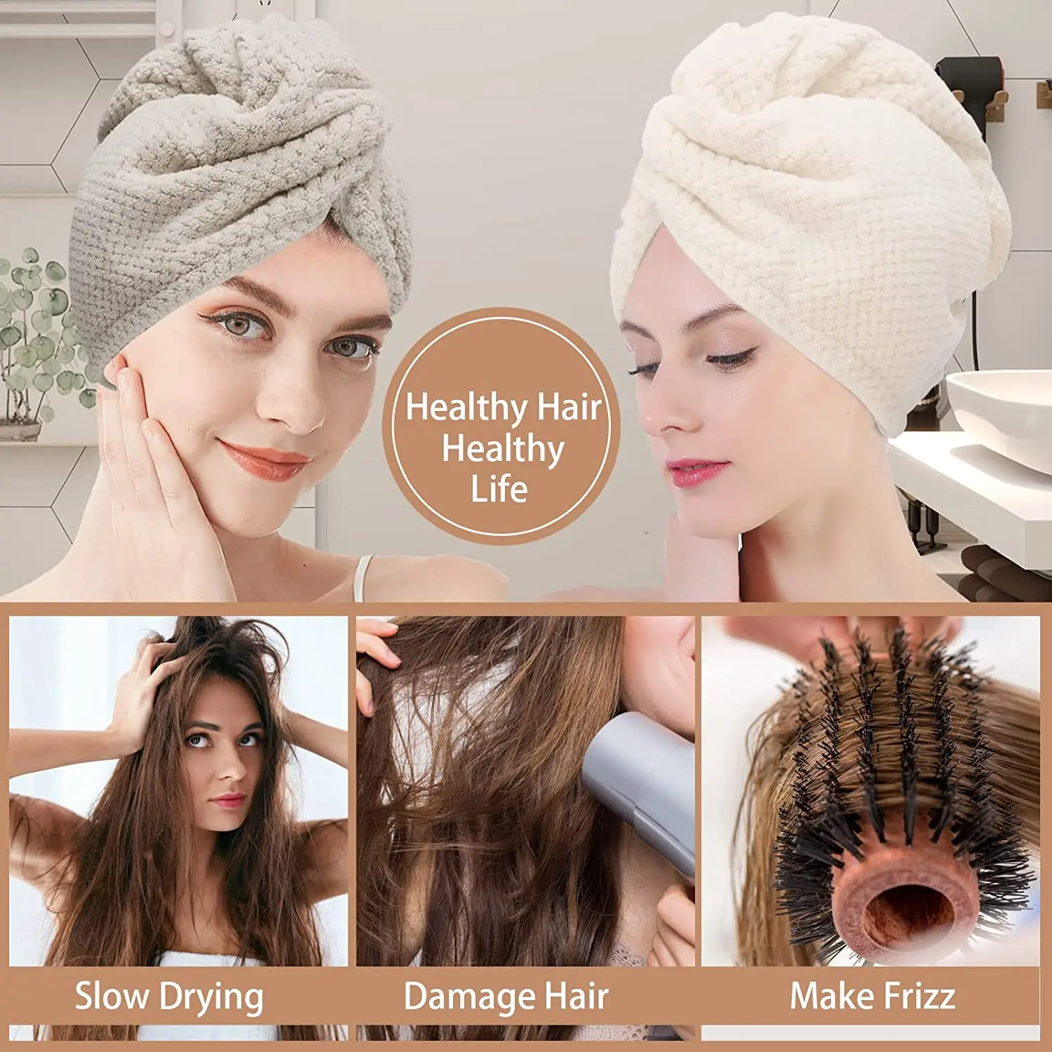 Hair Towel with Button Super Absorbent Hair Towel Wrap for Curly Hair, Fast Drying Hair Wraps for Women, Anti Frizz Microfiber