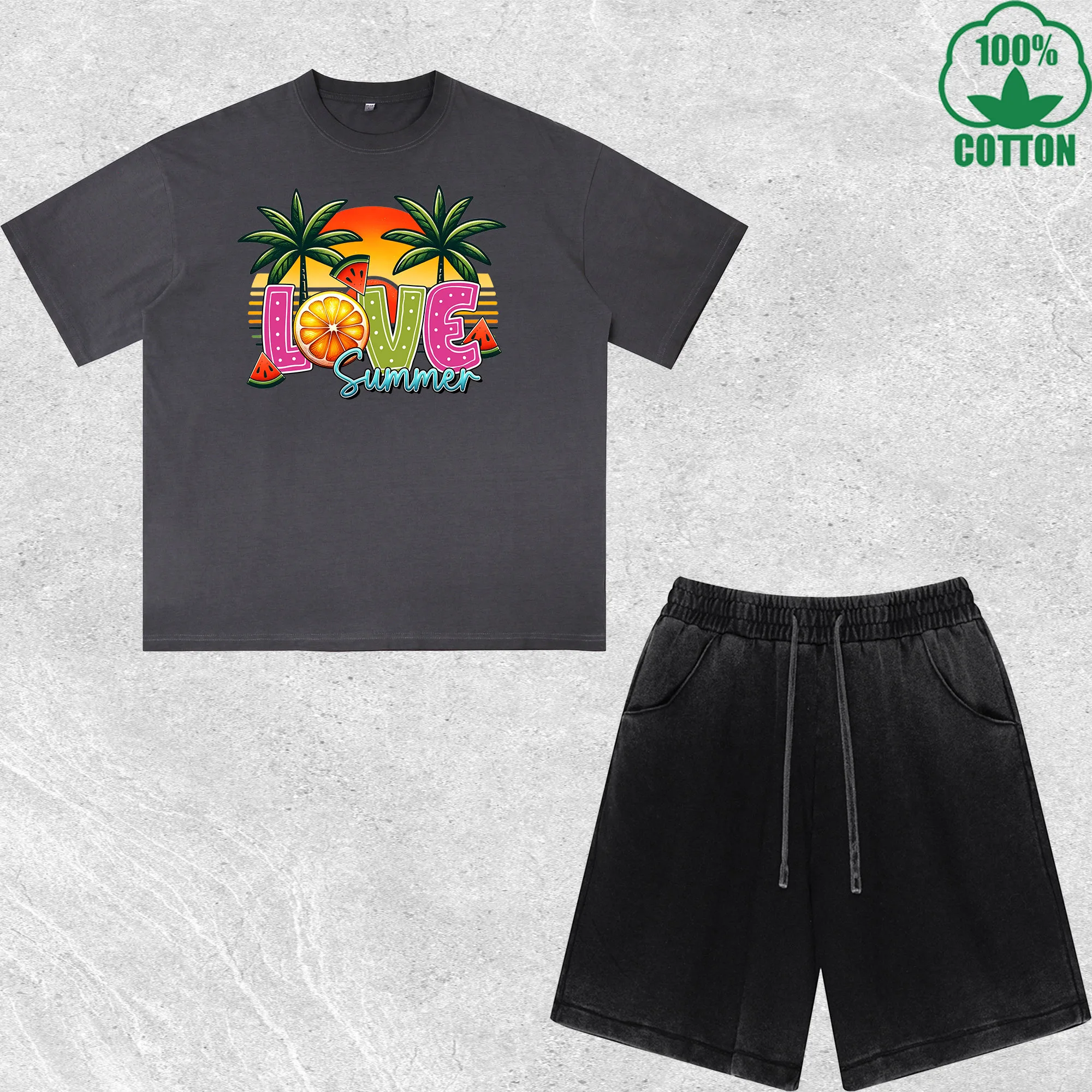 

Love Summer Printed Dirty Wash T-Shirt Shorts Set Multicolor Combo Loose Trendy Fashionable 100%Cotton