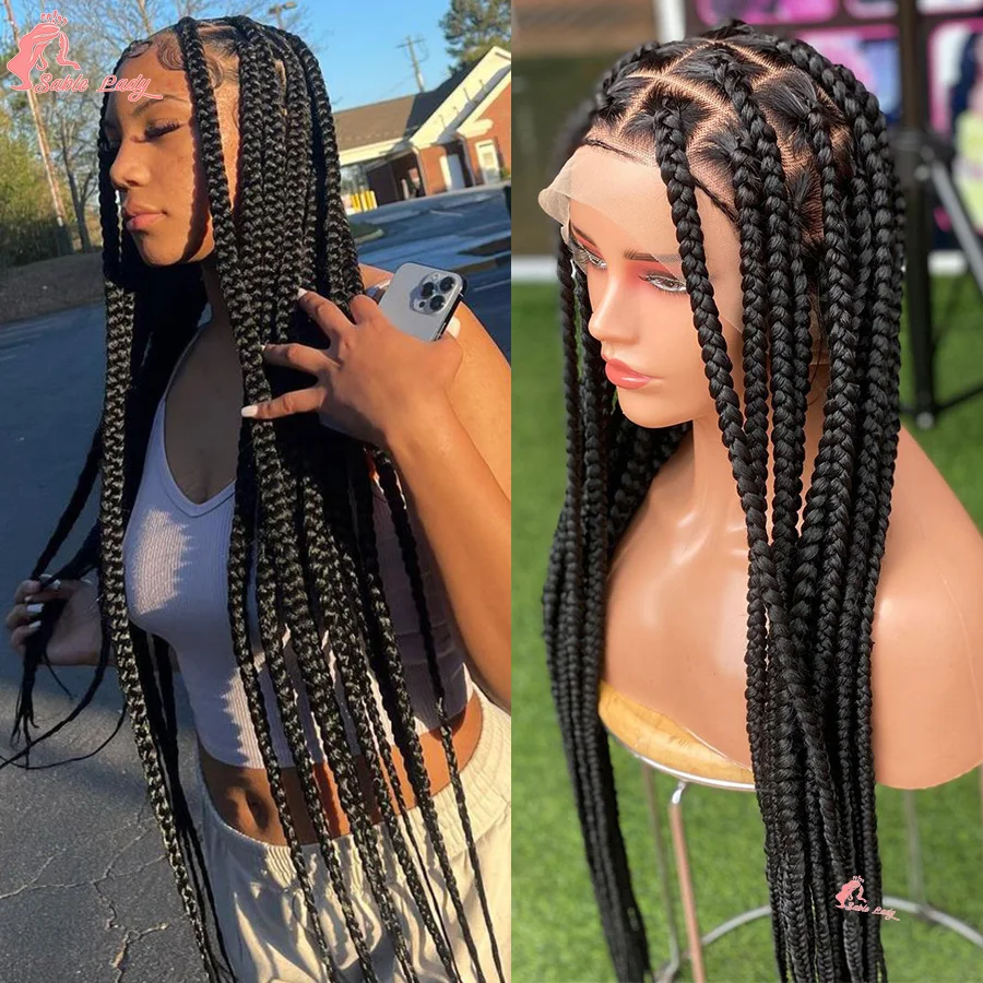 

Synthetic Jumbo Box Braided Wig 36 Inch Full Lace Knotless Box Braids Long Tribal Cornrow Braided Lace Front Wig For Black Women