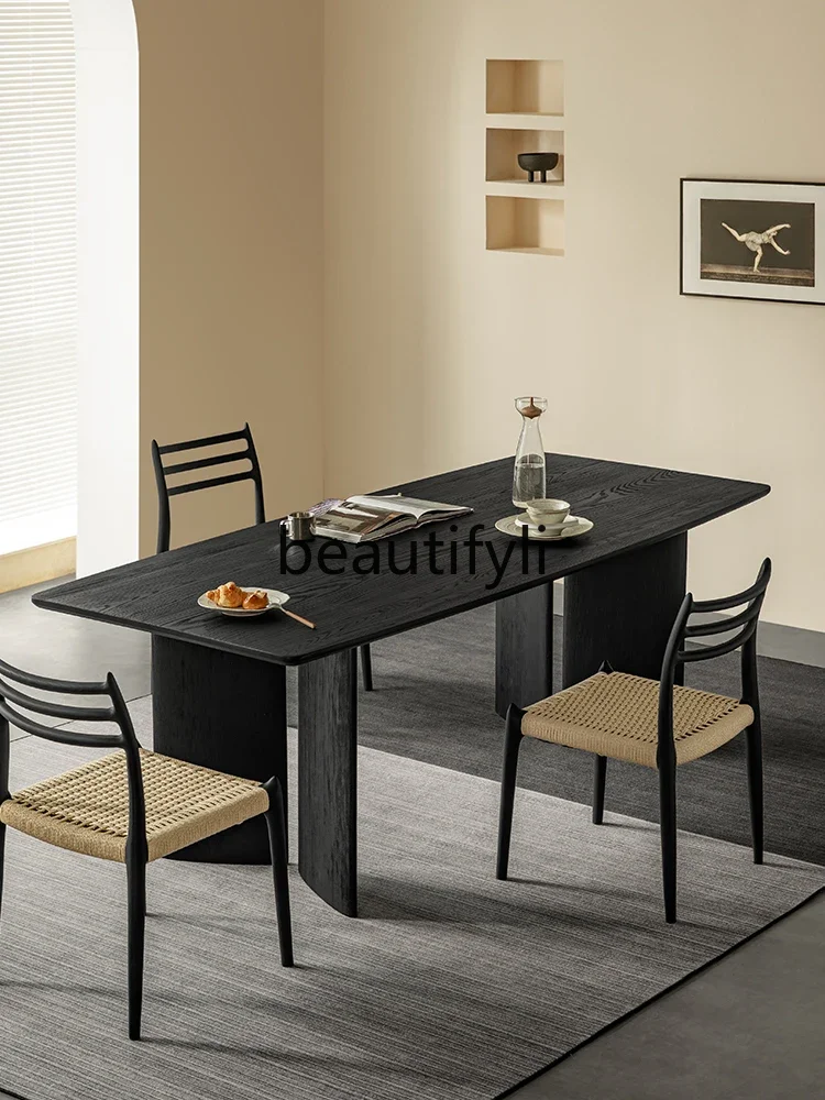 

01A Black solid wood large board table household ash wood tea table rectangular dining table and chairs