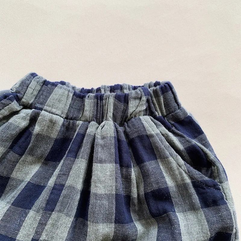 Children\'s Retro Blue Plaid Trousers 2024 Spring Autumn New Korean Boys And Girls Double-Layer Cotton Casual Harem Pants WTP121