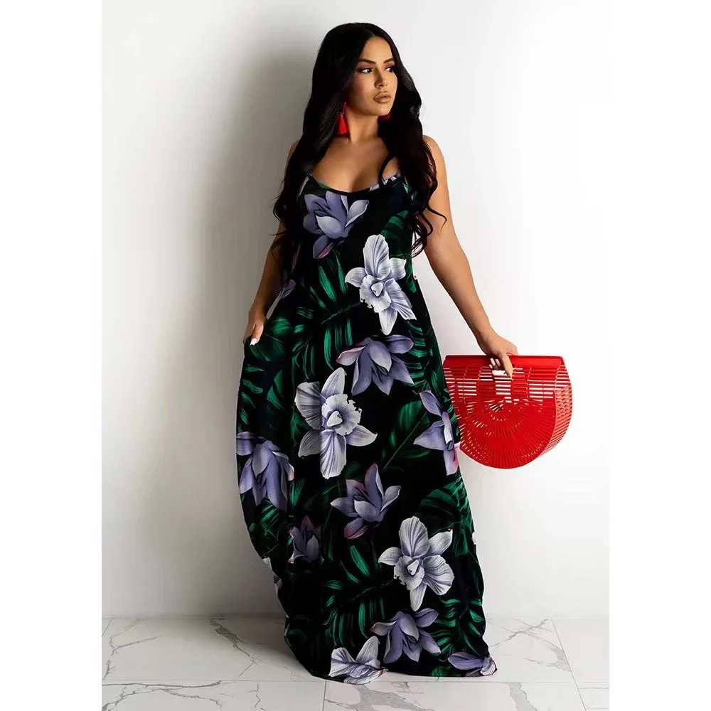 New Women Dress Floral Print Loose Halter Dress Long Skirts