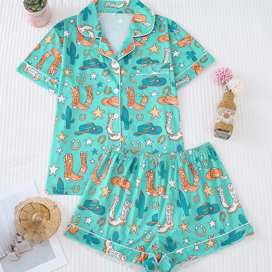 

Зеленый женский пижамный комплект, пижама с принтом на тему ковбойского кактуса, с лацканами, короткими рукавами и шортами, рождественский подарок