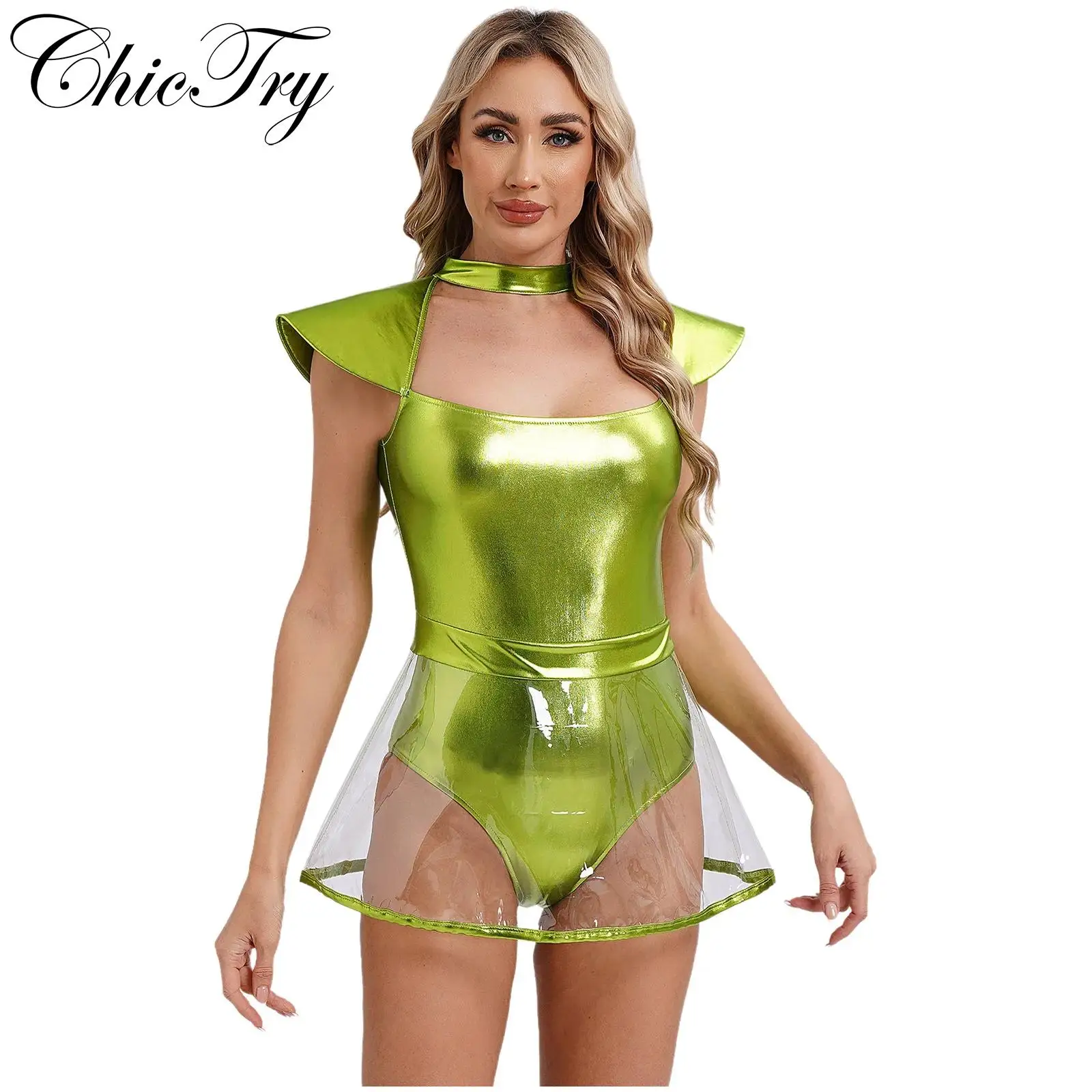 Womens Space Alien Cospaly Costume Halloween Bodysuit Fly Sleeve Cutout Leotard with PVC Skirt Carnivals Roleplay Party Dress Up