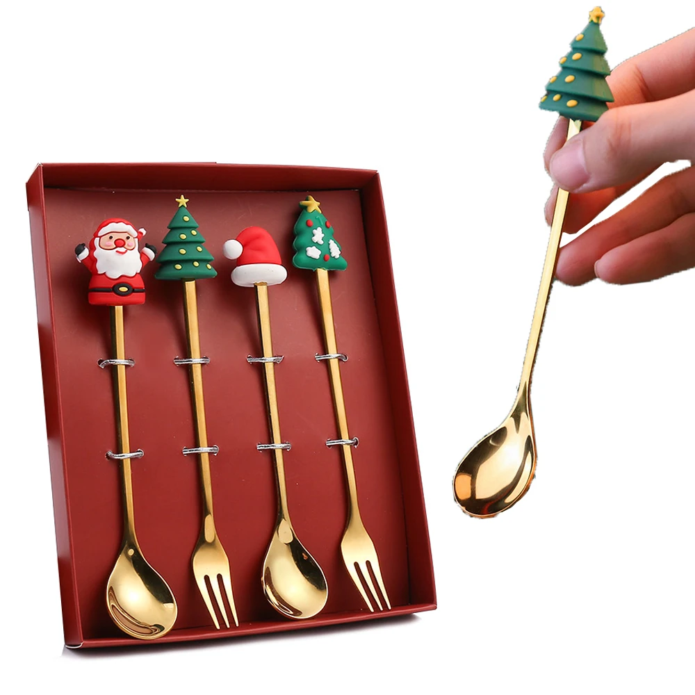 

4PCS Christmas Decoration Gift Dessert Coffee Spoon Fork Snowman Elk Christmas Stocking Cutlery Spoon Set Table Ornament Navidad