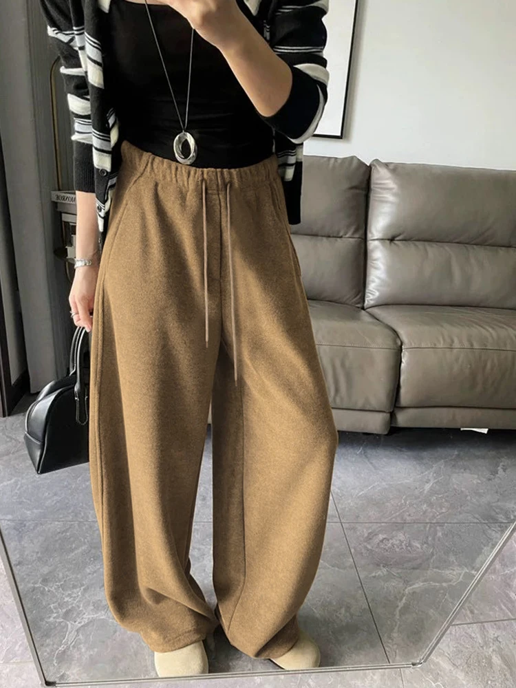 Women's 2025 Winter Thick Fleece Lined Curved Pants - Korean High Waisted Loose Drawstring Cuffed Wide Leg Pants