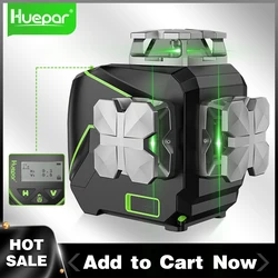 Huepar 360° 12 Lines LCD Display Cross Line Self-Leveling Green Beam 3D Laser Level With Bluetooth & Remote Control Functions