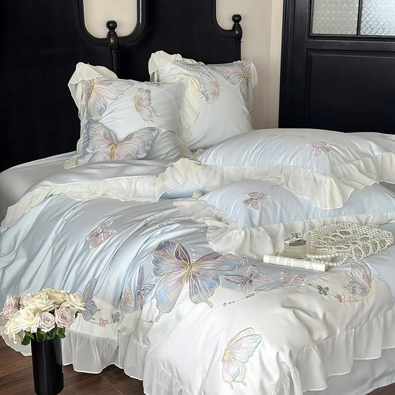 Vintage French Lace Ruffles Butterfly Embroidery Bedding Set 100S Egyptian Cotton Duvet Coves Bed Sheet Fitted Sheet Pillowcases