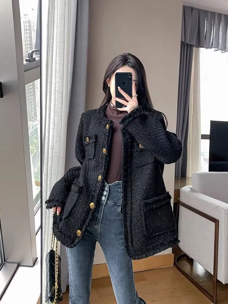 pring Autumn Fashion Korean Style Chic Tweed Blazer Jacket Women Slimming Temperament Elegant Mid-Length Woolen Coat E2963