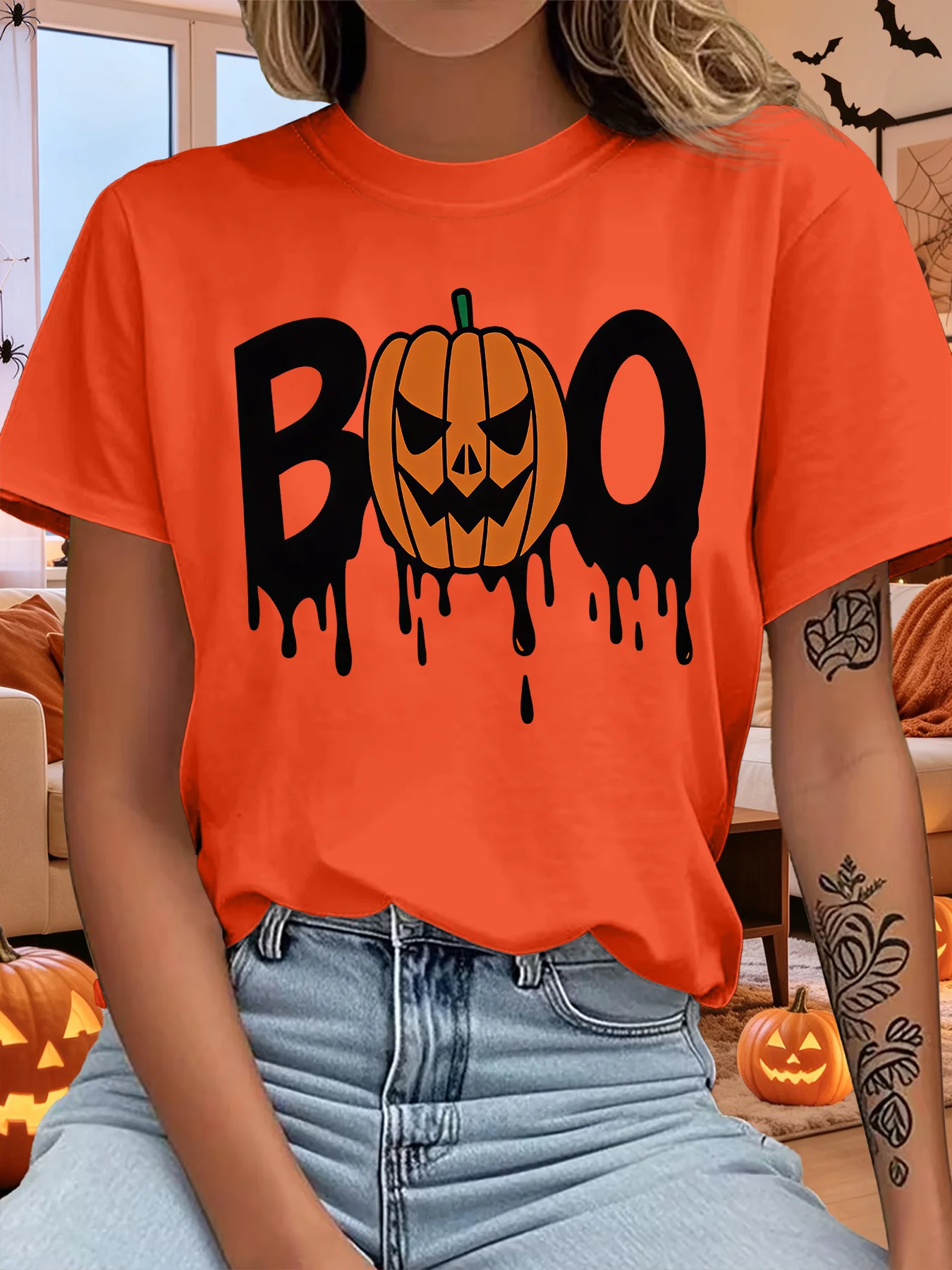 Cute Boo Letter With Dripping Pumpkin Face Halloween Art Print Graphic Ladies T Shirt Short Sleeve Crew Neck Casual Tee Tops