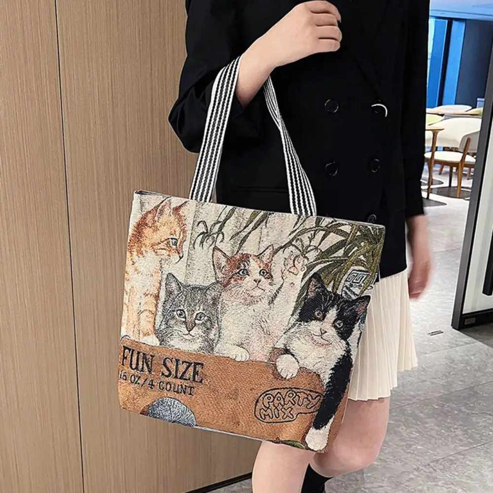 Dog Ethnic Style Handbag Trendy Large Capacity Embroidery Cute Cat Cloth Bag Canvas Storage Bag Animal Shoulder Bag Outdoor