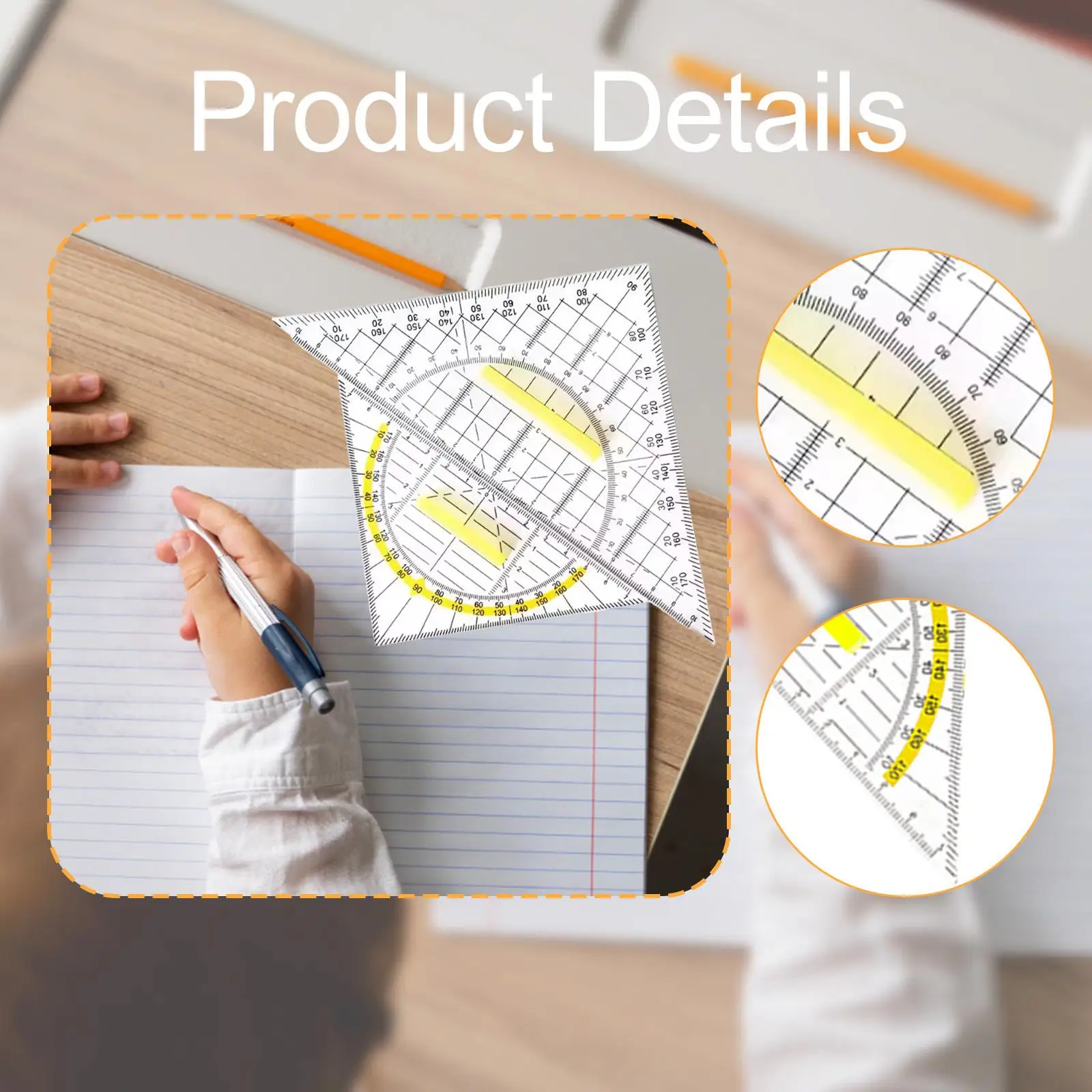 2Pcs Set Square Clear Stationery Measuring Tool with Detachable Handle Triangle Ruler for School Office University