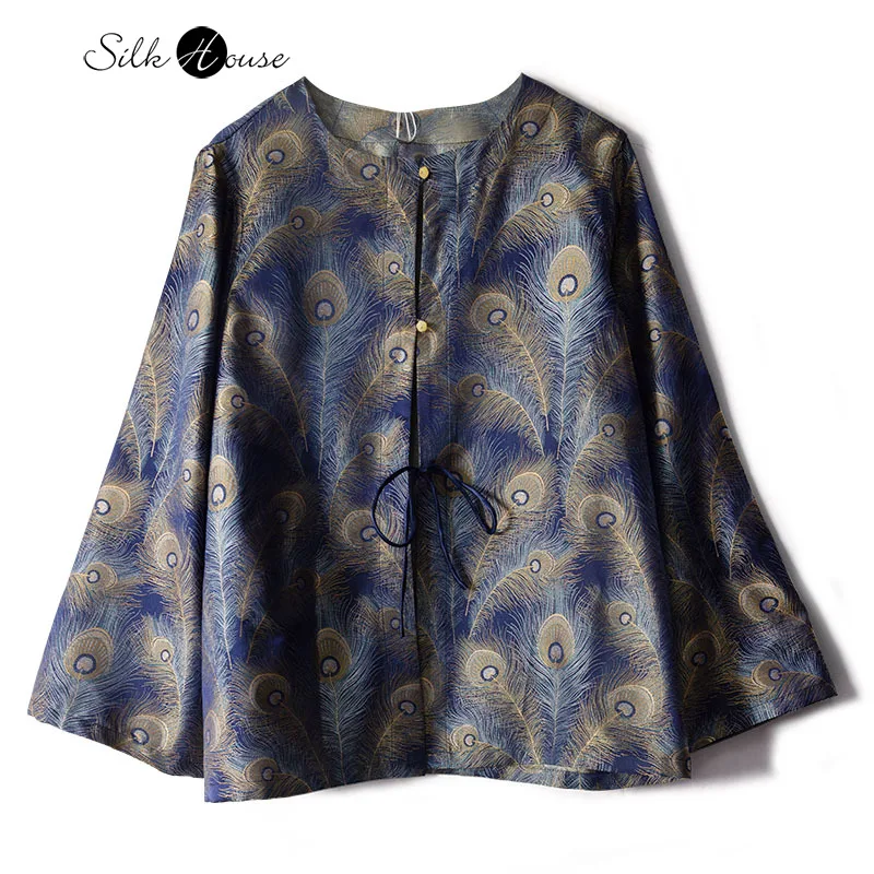 

Heavyweight 100% Natural Mulberry Silk Song Brocade New Chinese Feather Print Long Sleeved Loose Fitting Women's Top