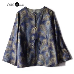 Heavyweight 100% Natural Mulberry Silk Song Brocade New Chinese Feather Print Long Sleeved Loose Fitting Women's Top