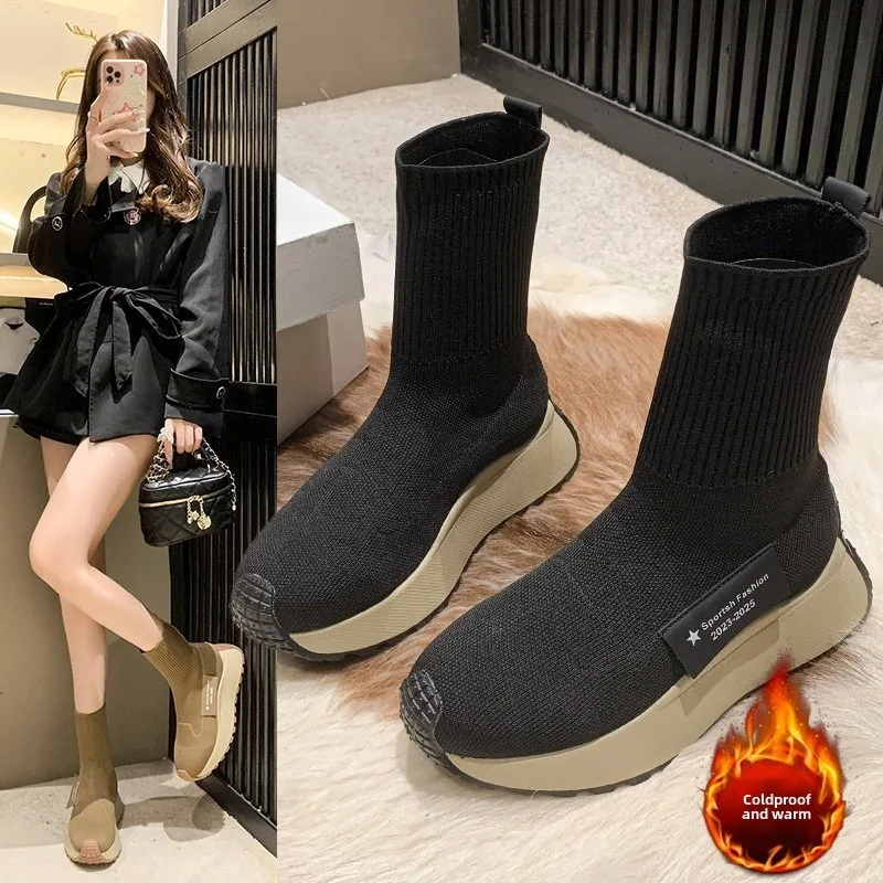 Women Sock Boots Knitted Elasticity Ankle Boots Non-slip Platform Slip On Boots Versatile Vulcanized Shoes Zapatos Para Mujeres