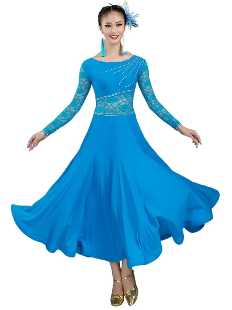 ラテンダンスドレス 社交ドレス スカイブルー フラメンコドレス ブラック ワルツ競技 ラウンドネック レッド 長袖 ステージ衣装