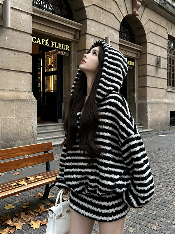 Ladies Korean Style Lazy Hat Sweater Loose Fit Stripe Pattern Short Skirt Two Piece Set Slimming Effect Youthful Appearance