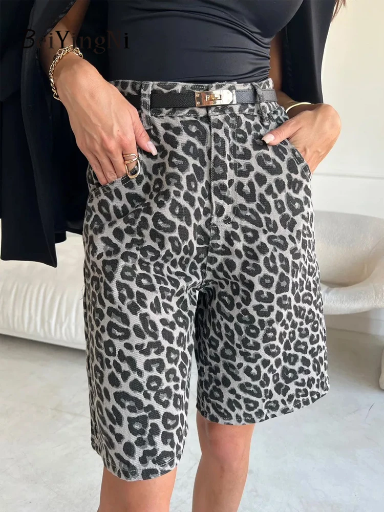 Beiyingni 2025 新ファッション女性ショーツヒョウ柄ストリートヴィンテージカジュアル Y2K ショートパンツ女性のためのルーズストレートパンツ