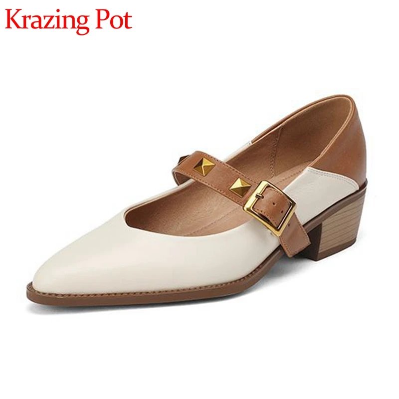 

Krazing Pot Sheep Leather Pointed Toe Spring Shoes Med Heels Buckle Strap Mixed Colors Metal Decorations Oriental Dress Pumps