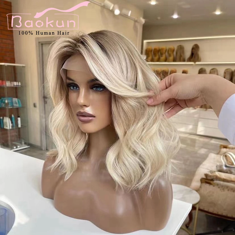 13X4 Korte Blonde Body Wave Lace Front Pruik Bruin Highlight Pruik Menselijk Haar Pruiken Pre Geplukt 200 Dichtheid 13X6 Hd Lace Frontale Pruik