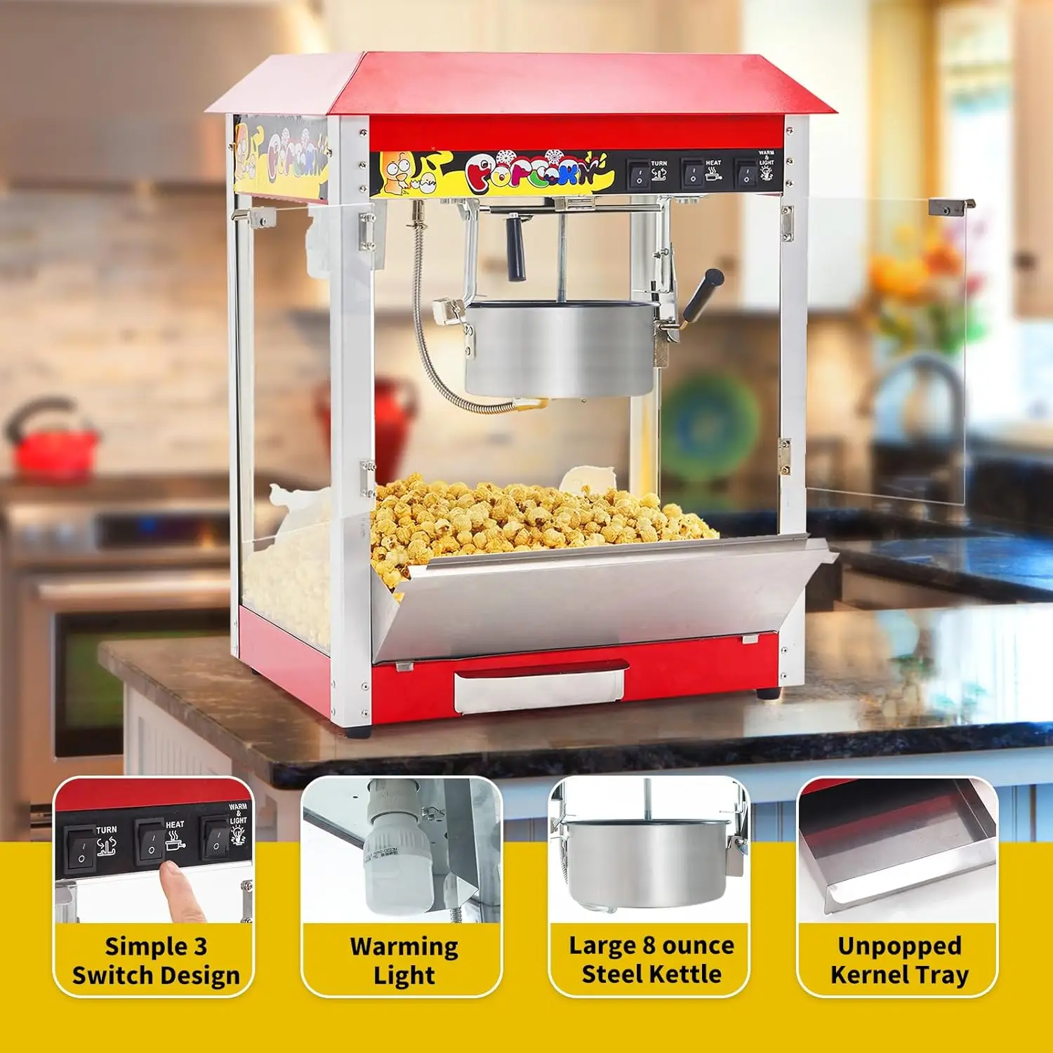 Popcorn Machine, 10 Oz Kettle, 1300W Countertop Popcorn Maker for 60 Cups per Batch, Movie Theater Popcorn Popper with 3-Switch