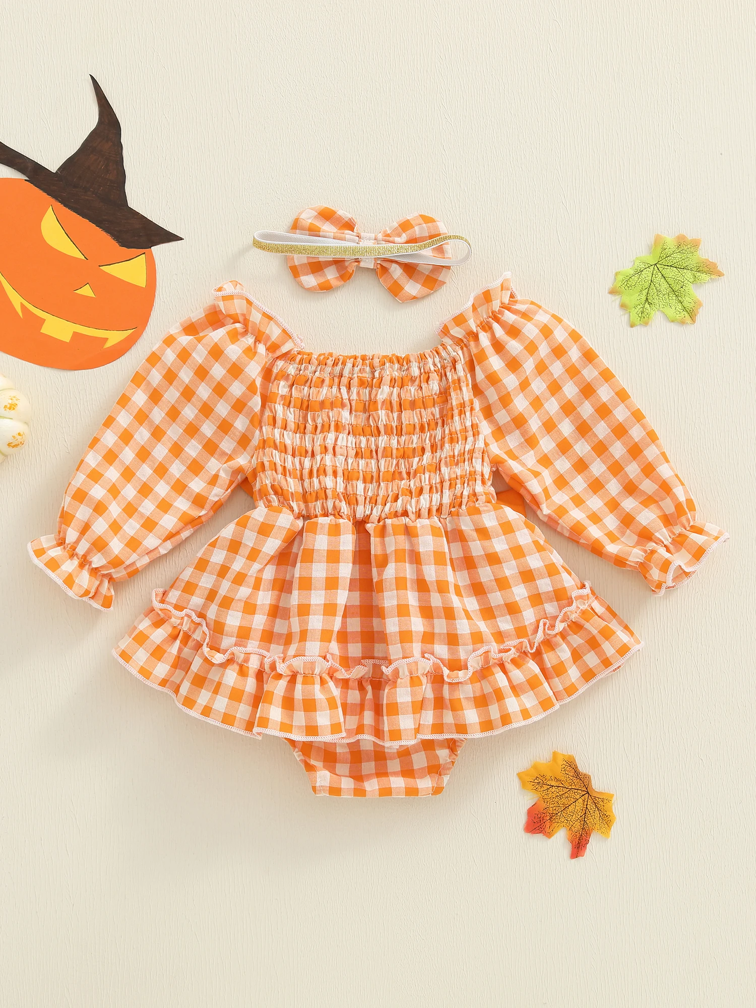 Halloween-Stramplerkleid für Babys und Mädchen mit Schleife und Stirnband, langärmelig, karierter Druck, elastischer Ausschnitt – Detail 9
