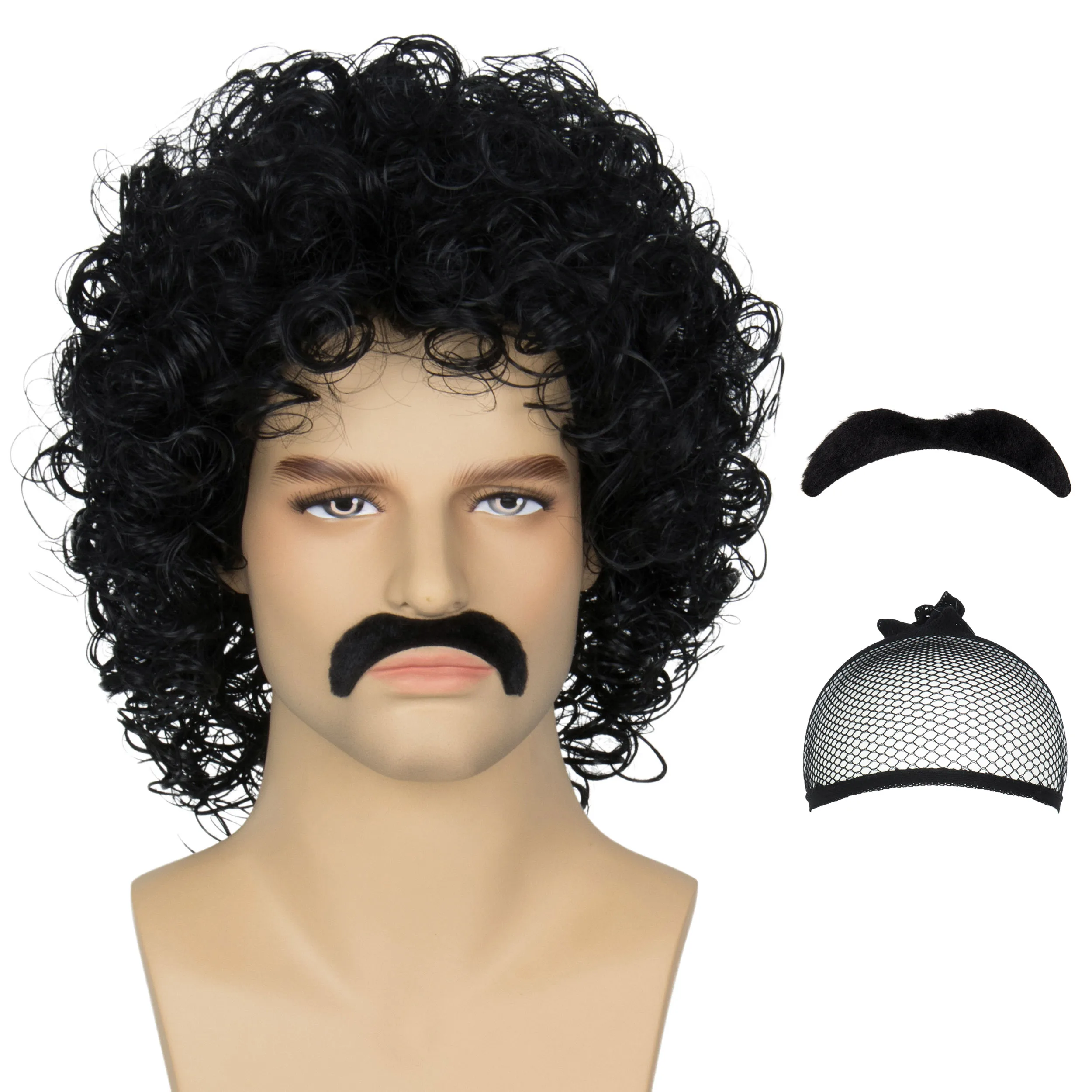 

Miss U Hair Mens Wigs Jerry Curl Wig Short Black Curly Wig With Mustache 70s Rocker Mullet Halloween Costume Wig