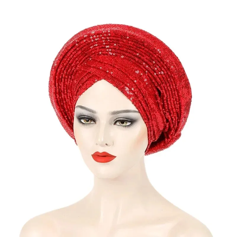 

New Sequins Turban Cap for Women Ready To Wear African Auto Gele Headtie Nigeria Wedding Geles Female Head Wrap Hijab Headpiece