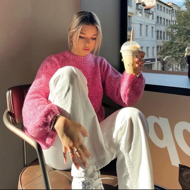 Women's Pink Lace-up Backless Knitted Sweater Long Sleeve Pullover Knitwears Loose Pullovers Top White Jumpers Autumn Clothing