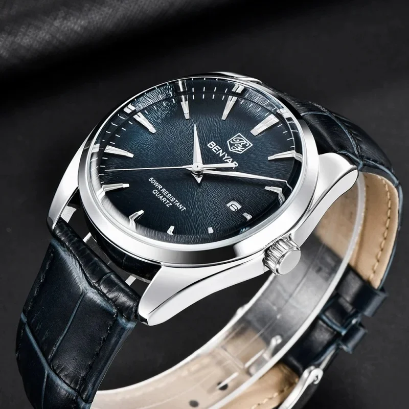 BENYAR BY-5163M Classic Men Watch 50WR Waterproof Hardlex Dial Window Date Display Genuine Leather Strap Mens Quartz Wristwatch