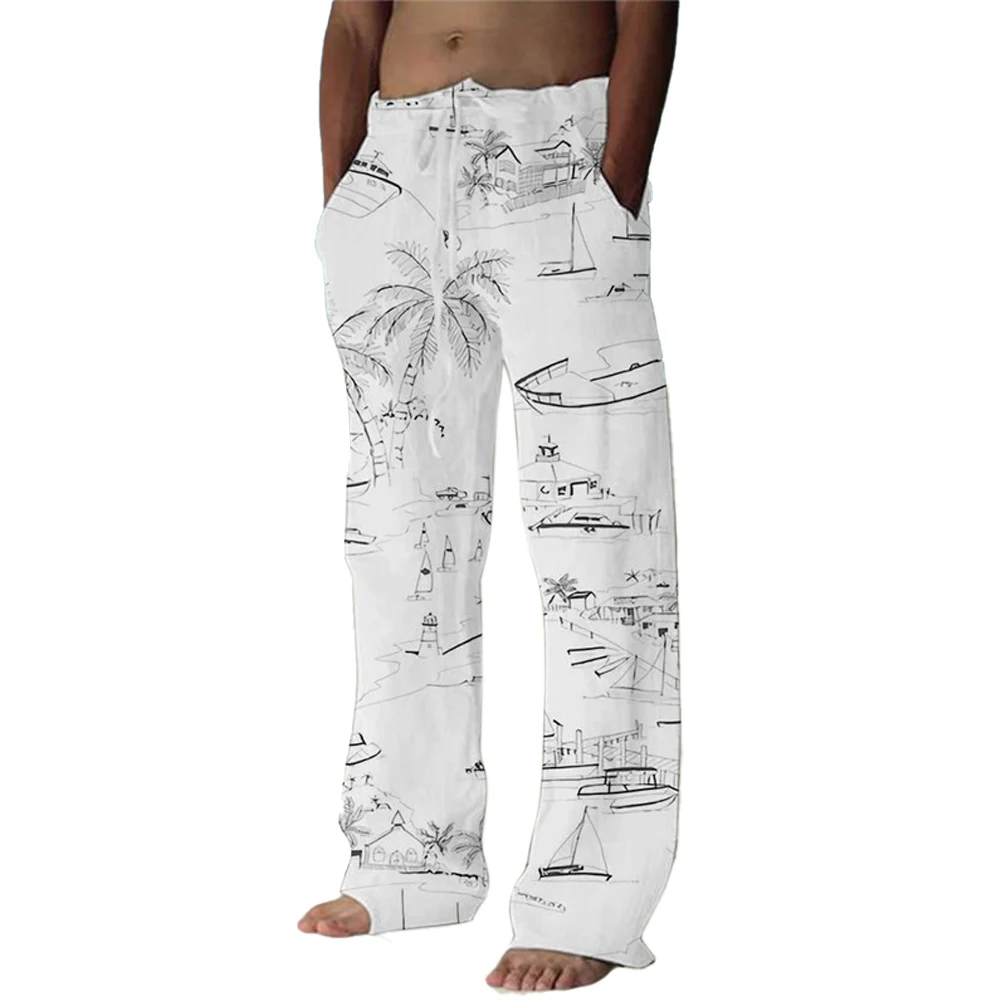 Pantalones de verano para hombre, pantalones de playa con cordón, cintura elástica, estampado 3D de árbol de coco, estampados gráficos, cómodos e informales