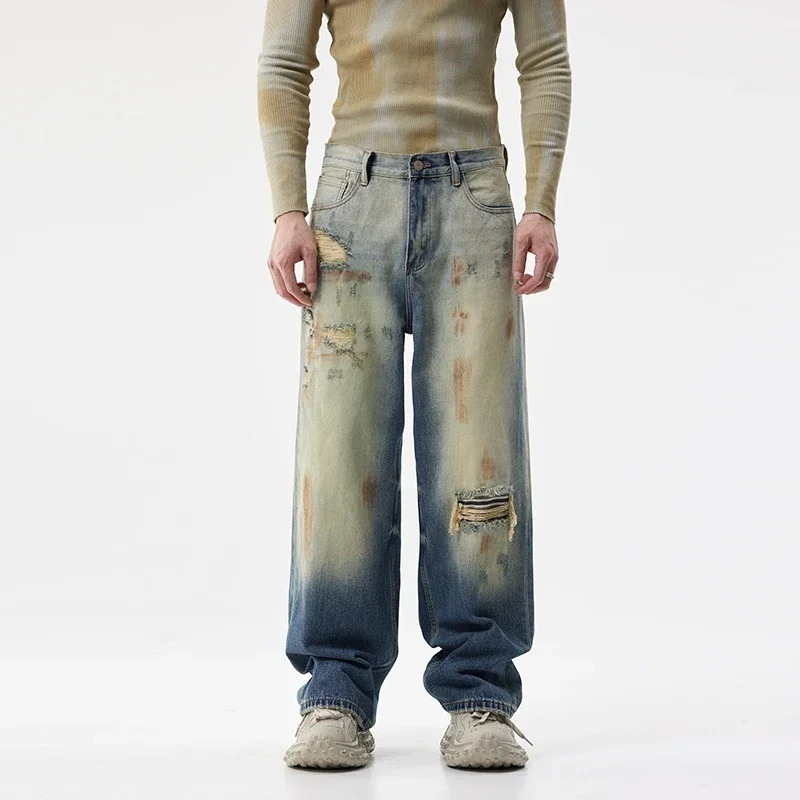 Men Boyfriend Plus Size Baggy Jeans Streetwear Fashion High Street Hip Hop Broken Hole Wide Leg Denim Ripped Jeans Pants Trouser