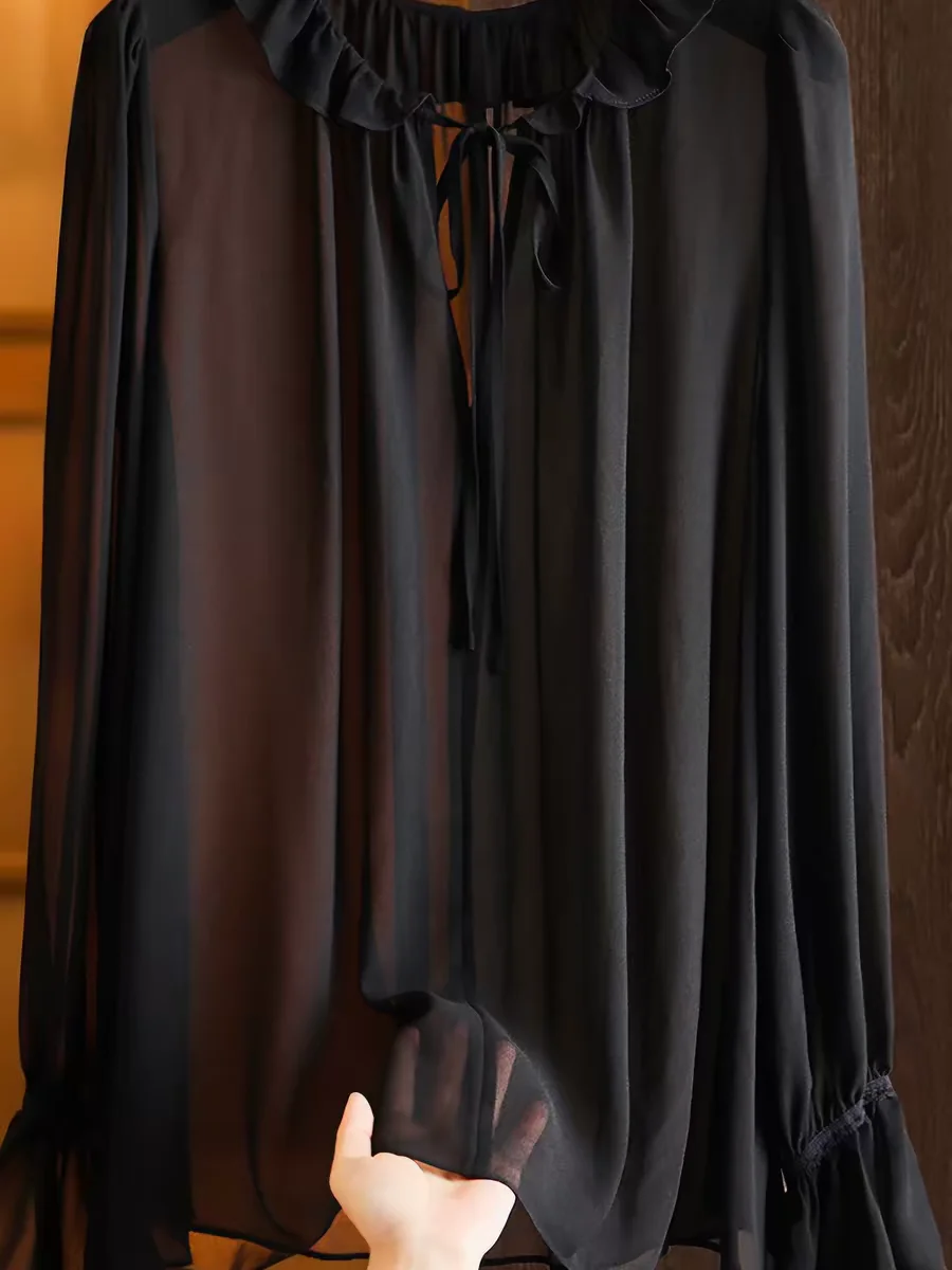 Spring Summer Ladies Lightweight Chiffon Long Sleeve Shirt plus Size Lace-Up See-Through Black Blouse Sexy 5XL Chiffon Top