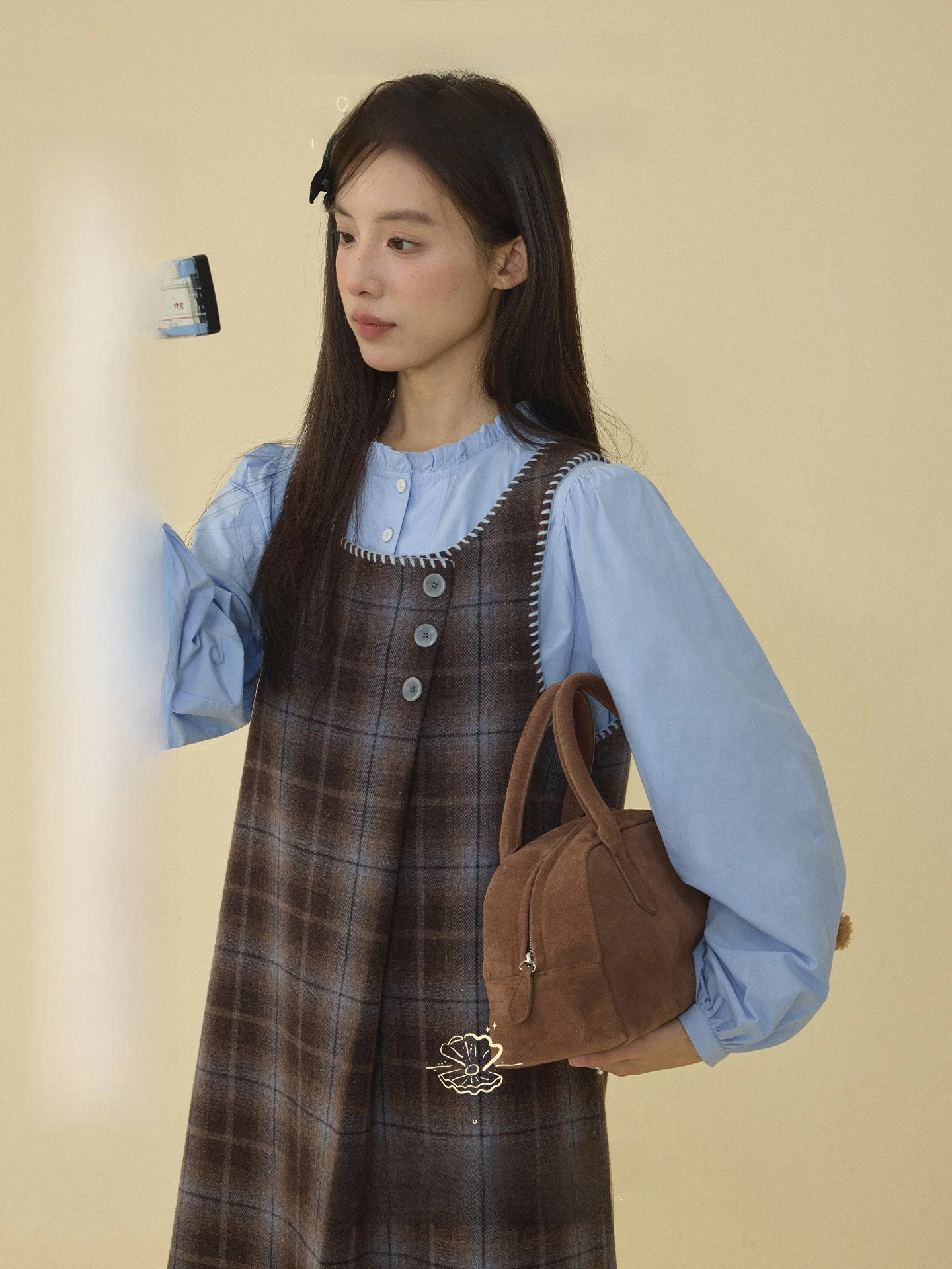 

Slimming Effect Plaid Overlap Color Blo ell Embroidery Loose Vest Skirt Vintage Sle l Waist Wool Blend Svel...