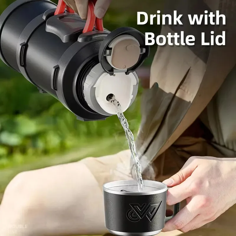 زجاجة مياه معزولة من الفولاذ المقاوم للصدأ مع مقبض زجاجة ترمس محمولة ذات سعة كبيرة في الهواء الطلق، تحافظ على ساخنة وباردة لمدة 72 ساعة