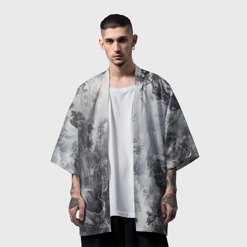 Chinese Ink Wind Print Japanese Traditional Kimono Casual Fashion Kimono Breathable Casual Comfortable Unisex Kimono