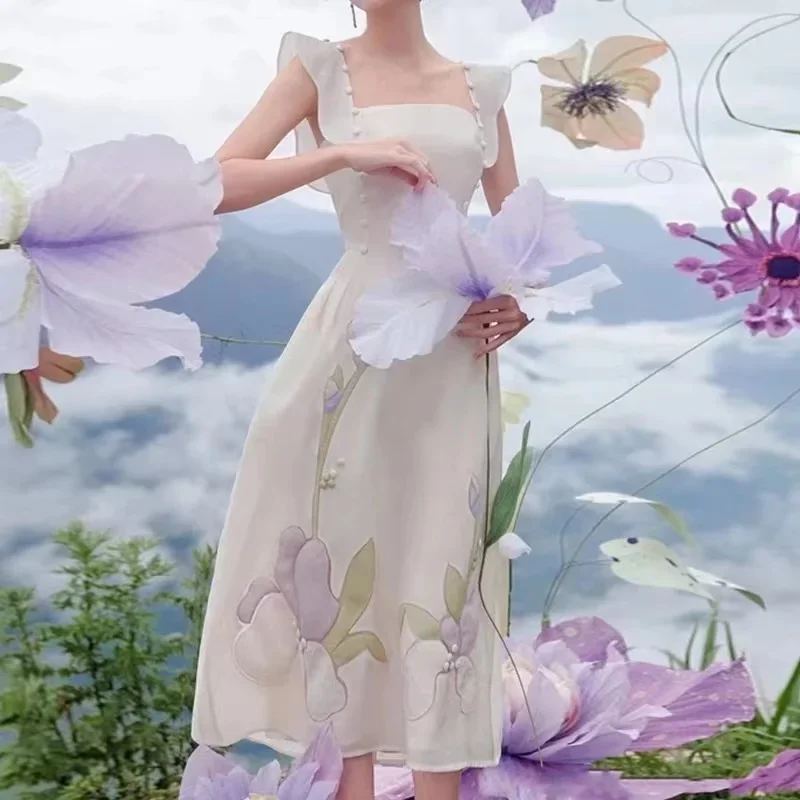 

2024 Runway Summer Floral Backless Midi Dress Elegant Women Square Collar Ruffles Sleeveless Button Deco Slim Party Vestidos