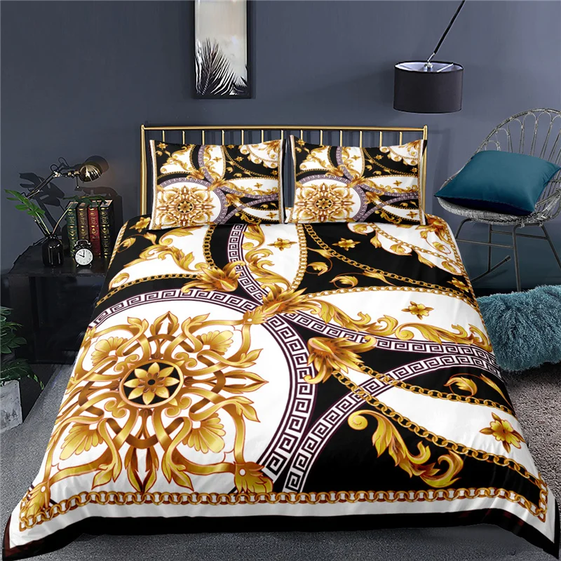 Luxury 3D Golden Baroque Style Print 3Pcs Kids Bedding Set Comfortable Duvet Cover Pillowcase Home Textile Queen and King Size