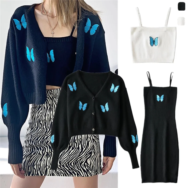 

Женский вязаный кардиган с вышивкой, комплект из двух предметов, ор-фонарь Све, свитер, утягивающая многослойная майка, новинка...